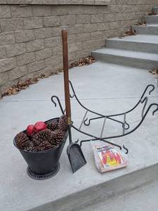 lot 160 image: Fireplace Accessory Set with Steel Log Holder, Ash Shovel, and Pinecone Bucket Decor