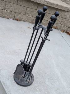 lot 161 image: 4-Piece Black Metal Fireplace Tool Set with Stand