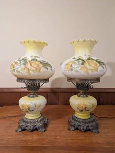 lot 164 image: Pair of Vintage Hand-Painted Glass Hurricane Lamps with Yellow Rose Design