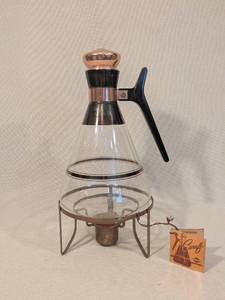 lot 228 image: Vintage Inland Glass MCM 1960s Glass Carafe And Metal Copper Coffee Warmer Base