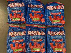 lot 41 image: ME 5 - Red Vines Jumbo Twists Original Red Candy - 6 Pack, Best By 2024-06-01