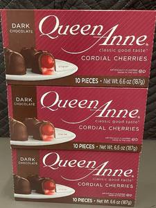 lot 583 image: LA 4 - Queen Anne Cordial Cherries Dark Chocolate 3 Boxes 10ct ea, Best by Mar 2025