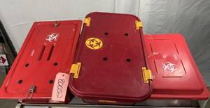 lot 21 image: Lot of 3 Healthmark Biohazard Tote Containers - Durable, Impact-Resistant, Leak-Resistant - Great Condition