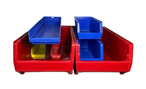 lot 39 image: Lot of Mixed Size Large Akro Style Bins Supply Storage & Organization Bins Perfect For Cart - These bins reduce manufacturers storage space by 50% Good Condition