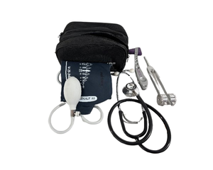 lot 58 image: General Physicians Check-Up Kit - Blood Pressure Monitor with Cuff, Stethoscope, Knee Hammer, Tuning Fork, and Bag - Great Condition