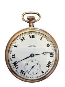 lot 17 image: Illinois Gold-Tone Pocket Watch with Roman Numeral Dial and Exposed Movement