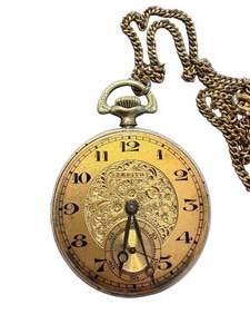 lot 21 image: Zenith Gold Tone Engraved Pocket Watch with Chain