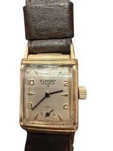 lot 89 image: Vintage Elmont 17 Jewels Square Wristwatch with Brown Leather Band