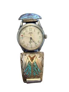 lot 103 image: Vintage Elgin Wristwatch with Sterling Silver and Turquoise Cuff Band