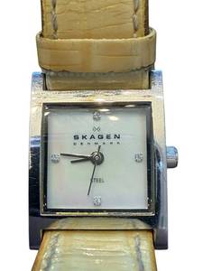lot 105 image: Skagen Denmark Womens Square Stainless Steel Watch with Yellow Leather Band