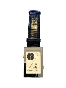 lot 128 image: Oui Art Dual-Time Rectangular Wristwatch with Black Strap