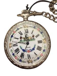 lot 168 image: Jacques du Manoir Swiss Made Pocket Watch with Chain - Farm Scene Design