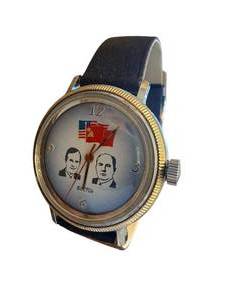lot 191 image: Vintage Vostok Wristwatch with Soviet-US Flags and Portraits