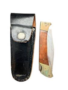 lot 240 image: Vintage Folding Pocket Knife with Wooden Handle and Sheath