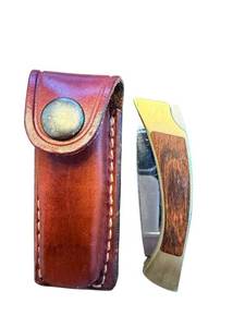 lot 275 image: Browning USA Two-Blade Folding Pocket Knife with Wood Inlay and Leather Sheath