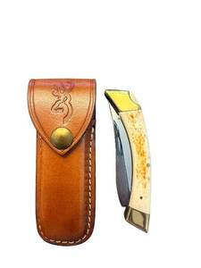 lot 278 image: Browning 505 Japan Stag Handle Folding Knife with Leather Sheath
