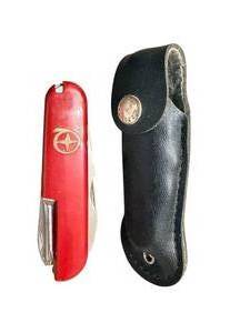 lot 302 image: Red Multi-Tool Pocket Knife with Leather Sheath