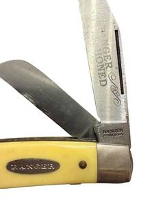 lot 304 image: Ranger Ultrahoned Yellow Handle Pocket Knife with 3 Blades USA