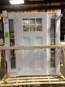 lot 1 image: Trinity Glass International Mahogany and Craftsman Fiberglass Door 14-36-14 x 80 Customer Returns See Pictures