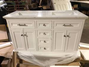 lot 36 image: Direct vanity sink Kingswood Exclusive 60 in. W x 23 in. D x 36 in. H Bath Vanity in White with White Culture Marble Top Granite top Broken    Customer Returns See Pictures