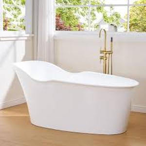 lot 61 image: WELLFOR Wave 66 in. x 33 in. Acrylic FlatBottom Freestanding Soaking Bathtub with Drain and Overflow in White customer return see pictures