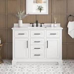 lot 66 image: Home Decorators Collection Doveton 48 in. Single Sink Freestanding White Bath Vanity with White Engineered Marble Top (Assembled) customer return see pictures