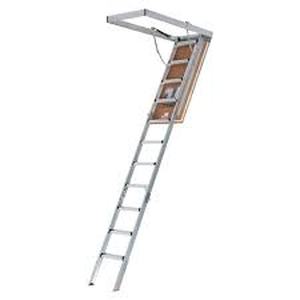 lot 62 image: Louisville Ladder Energy Efficient 7 ft. 8 in. to 10 ft. 3 in., 25.5 in. x 54 in. Insulated Aluminum Attic Ladder, 375 lbs. Load Capacity customer return see pictures