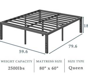 lot 20 image: Queen Sized Metal Platform Bed Frame - 18In