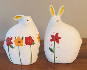 lot 27R image: LR - Set of 2 Decorative Ceramic Bunny Figures with Floral Design