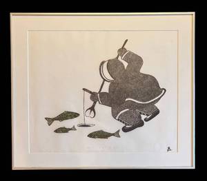 lot 29R image: LR - Good Ice Fishing Limited Edition Stone Cut Print by Inuit Artist Malaya Akulukjuk