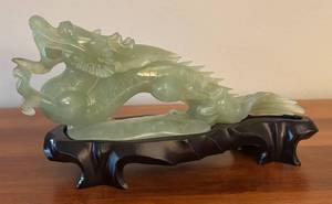 lot 33R image: LR - Vintage Jade Dragon Sculpture with Carved Wood Stand