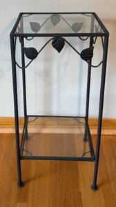 lot 42R image: LR - Glass Top Metal Accent Table with Leaf Details