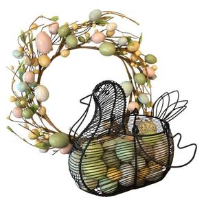 lot 57R image: LR - Chicken Wire Basket with Faux Eggs and Pastel Egg Wreath