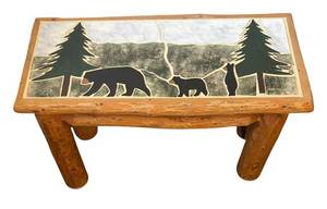lot 69R image: K - Rustic Tile Top Accent Table with Bear and Pine Tree Design