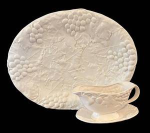 lot 82R image: LR - Vietri White Embossed Grape Platter and Gravy Boat with Under Plate