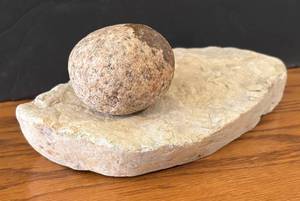 lot 86R image: LR - Stone Sculpture with Rounded Granite Sphere on Flat Base