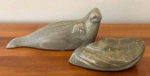 lot 97R image: LR - Seal and Duck Hand Carved Inuit Stone Carvings