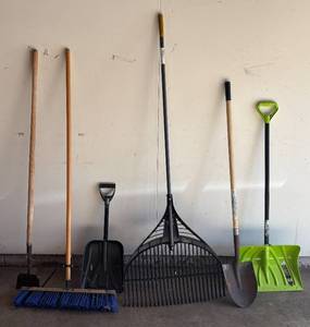 lot 130R image: G - Yard Tool Set with Shovels, Rake, Broom and Hoe