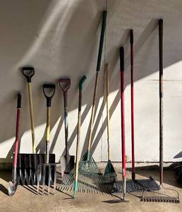 lot 159R image: G - Collection of Garden Tools Including Shovels, Rakes, Brooms, Hoe and More
