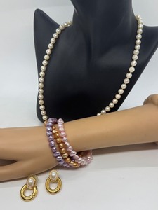 lot 38J image: Fashion Jewelry Set with Faux Pearl Necklace, Three Stretch Bracelets, and Gold-Tone Earrings