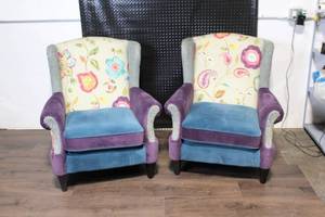 lot 21 image: Pair of Upholstered Accent Armchairs with Floral and Velvet Design