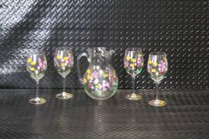 lot 27 image: Hand-Painted Glass Pitcher and 4 Wine Glasses with Floral Design