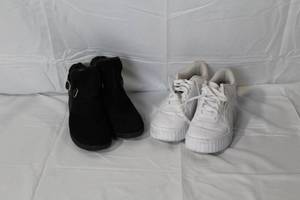 lot 28 image: Set of 2 Womens Shoes Skechers Black Wedge Booties and Puma White Sneakers Size 9.5