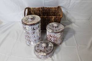 lot 35 image: Set of 3 Distressed Ceramic Canisters with Lids and Woven Basket