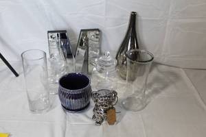 lot 60 image: Decorative Glass and Mirror Decor Lot Including Jars, Vases, and Metallic Accents
