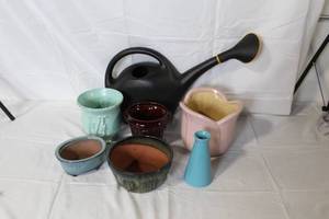 lot 61 image: Ceramic Planters, Vase, and Plastic Watering Can Assortment