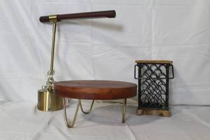 lot 62 image: Modern Brass Table Lamp, Wooden Display Stand, and Metal Candle Holder Set