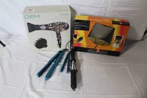 lot 65 image: Lot of Hair Styling Tools with GEM Hair Dryer, Gold N Hot Heat Cap, Revlon Irons, and Conair Curling Iron