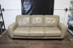lot 81 image: Taupe Leather 3-Seat Sofa with Tufted Cushions