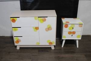 lot C-82 image: Mid-Century Modern Dresser and Nightstand Set with Polka Dot Design